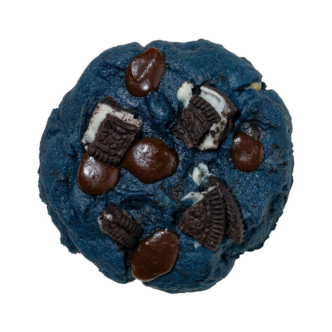 A blue cookie with chunks of Oreo cookies and chocolate chips.