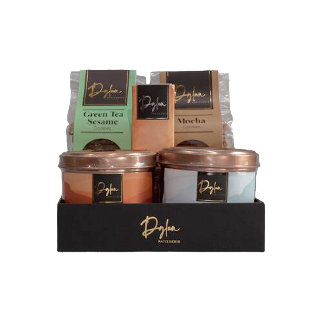 Dylan Patisserie Gourmet Gift Hamper with cookies, mini choux and chocolate bar in elegant packaging